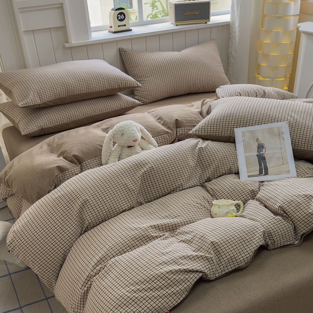 91家纺网 家纺一手货源 找家纺 晚依家纺 2025新款A类全棉色织水洗棉四件套纯棉格子纯色被套学生宿舍三件套定制定做 沐风-米咖