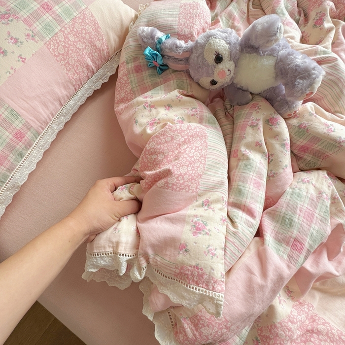 8+8 2025新款全棉纯棉双层纱镂空花边/皱皱花边四件套 花边款-田野少女