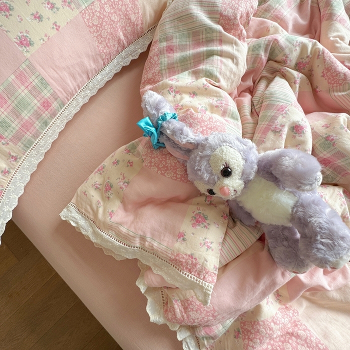 91家纺网 家纺一手货源 找家纺 8+8 2025新款全棉纯棉双层纱镂空花边/皱皱花边四件套 花边款-田野少女