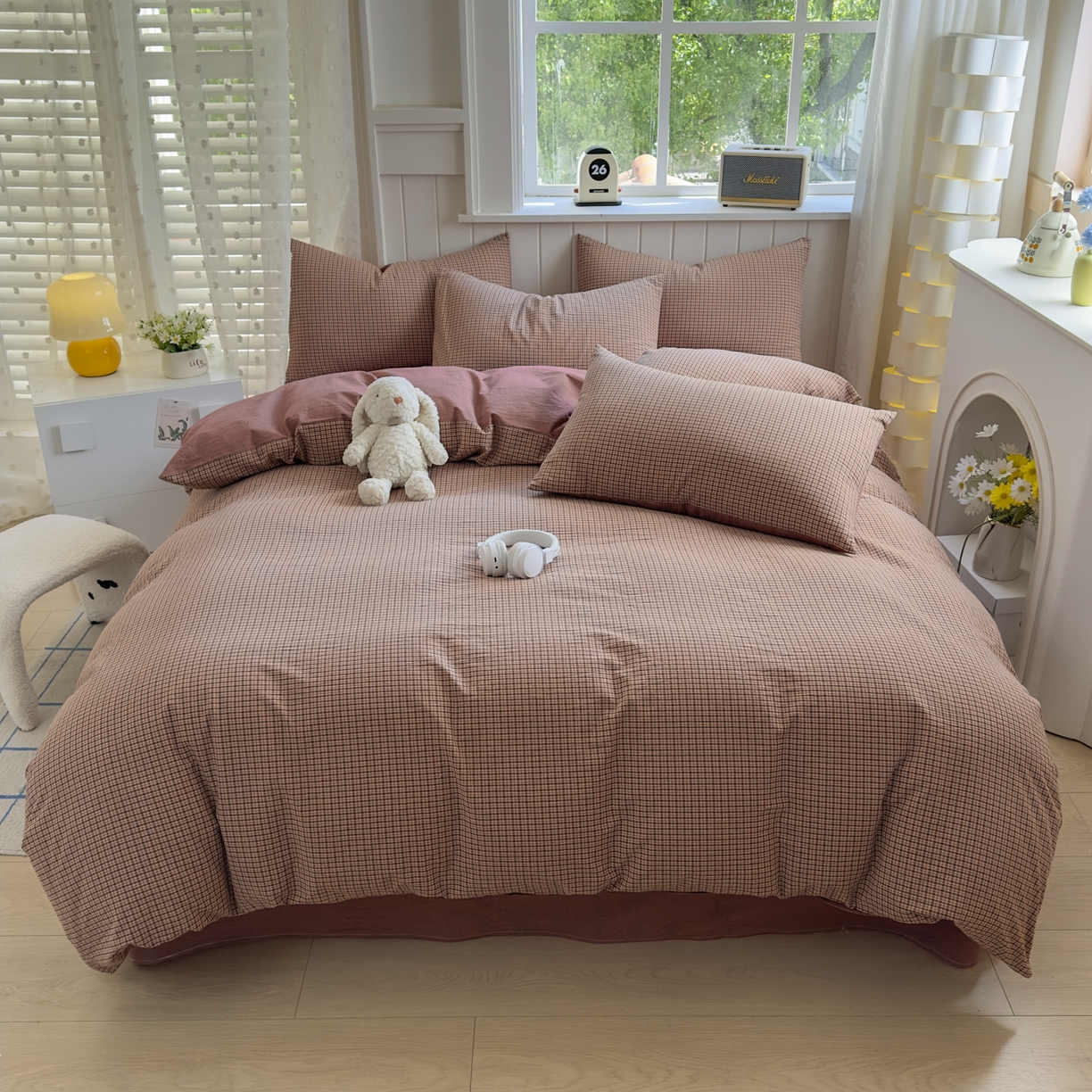 91家纺网 家纺一手货源 找家纺 晚依家纺 2025新款A类全棉色织水洗棉四件套纯棉格子纯色被套学生宿舍三件套定制定做 沐风-粉红