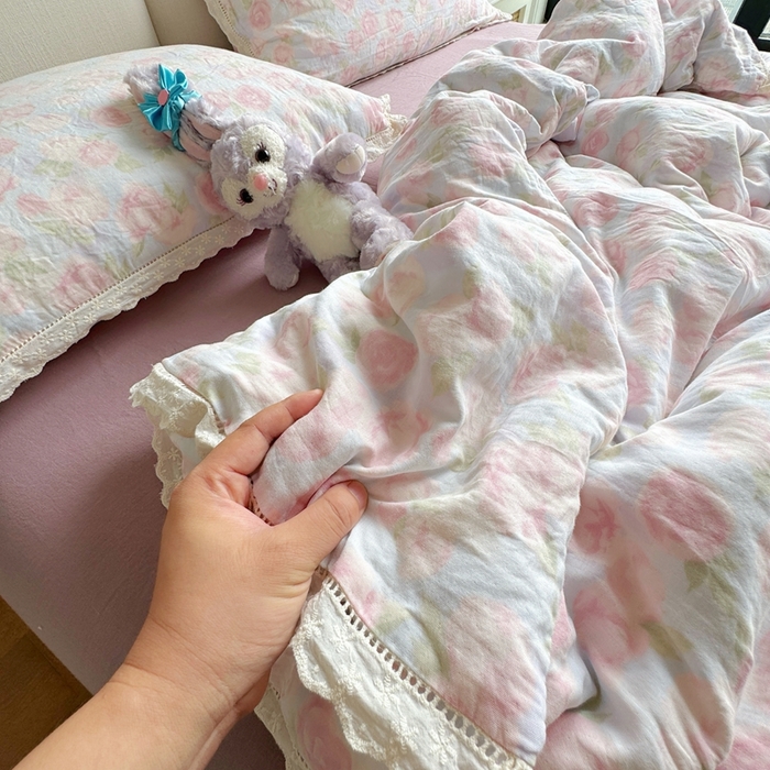 91家纺网 家纺一手货源 找家纺 8+8 2025新款全棉纯棉双层纱镂空花边/皱皱花边四件套 花边款-仲夏