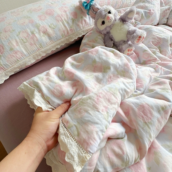 91家纺网 家纺一手货源 找家纺 8+8 2025新款全棉纯棉双层纱镂空花边/皱皱花边四件套 花边款-仲夏