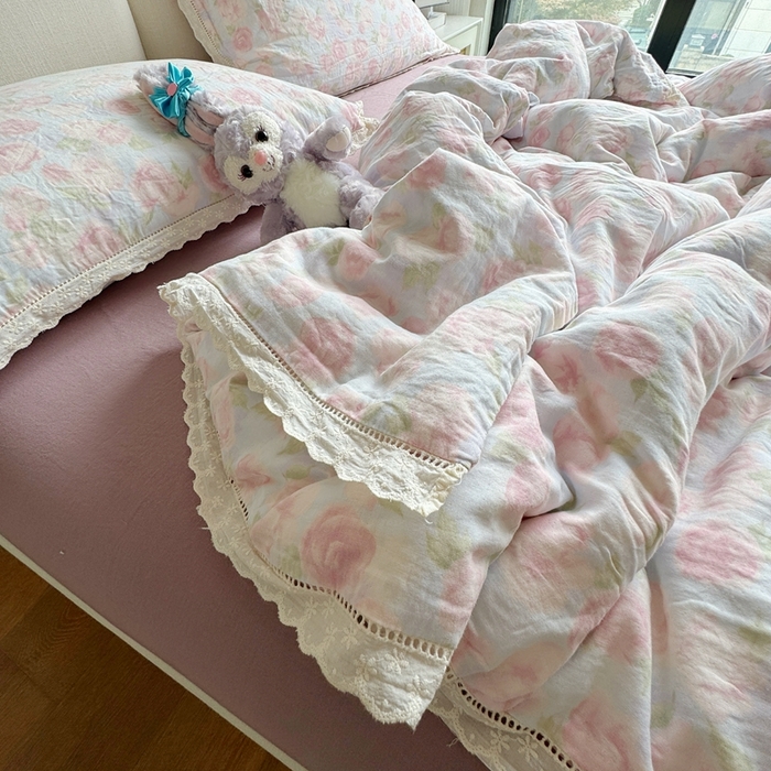 91家纺网 家纺一手货源 找家纺 8+8 2025新款全棉纯棉双层纱镂空花边/皱皱花边四件套 花边款-仲夏