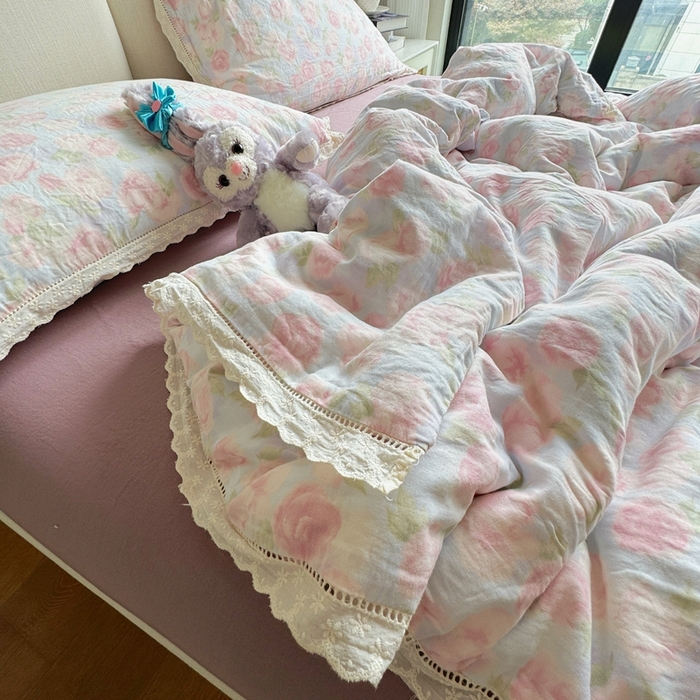 91家纺网 家纺一手货源 找家纺 8+8 2025新款全棉纯棉双层纱镂空花边/皱皱花边四件套 花边款-仲夏