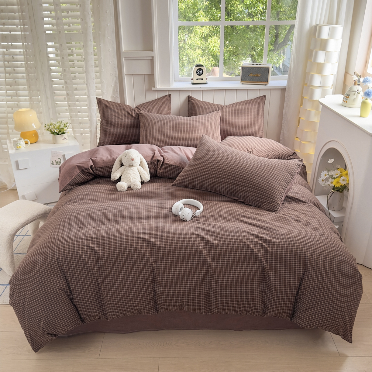 91家纺网 家纺一手货源 找家纺 晚依家纺 2025新款A类全棉色织水洗棉四件套纯棉格子纯色被套学生宿舍三件套定制定做 沐风-焦糖