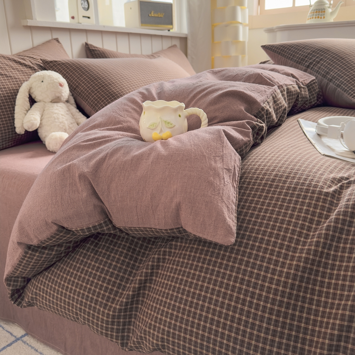 91家纺网 家纺一手货源 找家纺 晚依家纺 2025新款A类全棉色织水洗棉四件套纯棉格子纯色被套学生宿舍三件套定制定做 沐风-焦糖