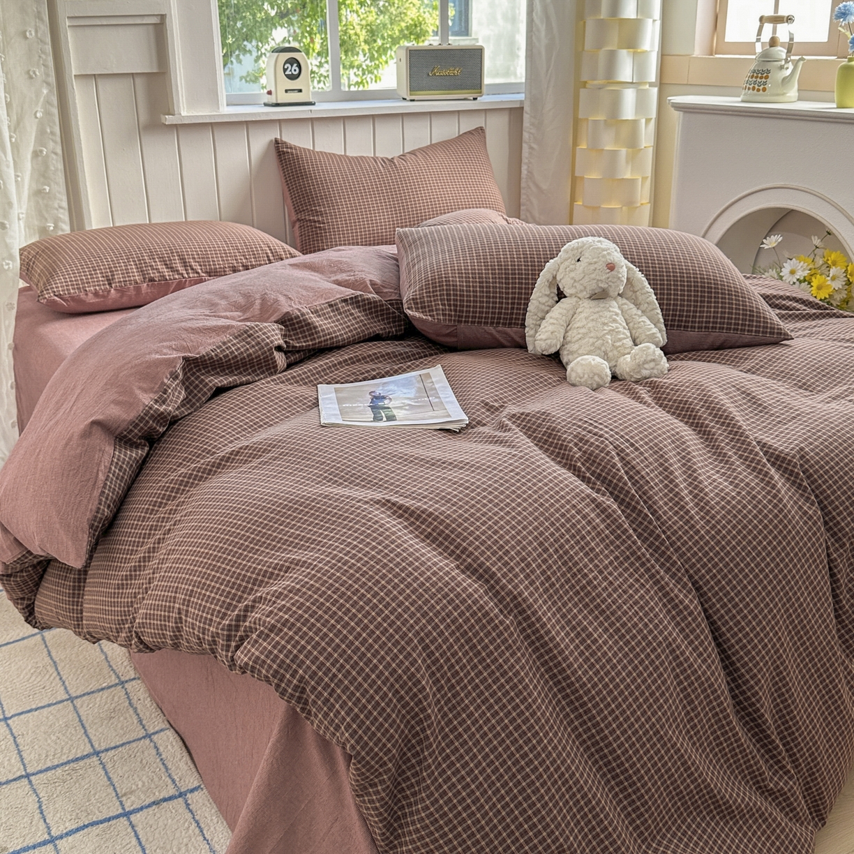 91家纺网 家纺一手货源 找家纺 晚依家纺 2025新款A类全棉色织水洗棉四件套纯棉格子纯色被套学生宿舍三件套定制定做 沐风-焦糖