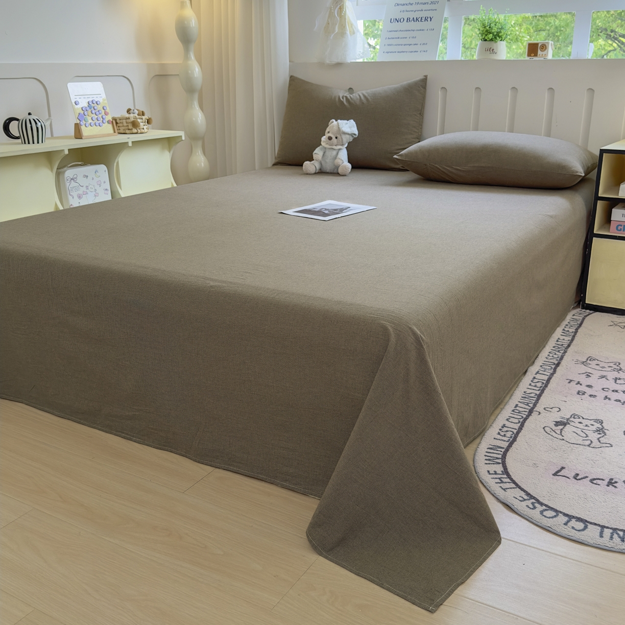 91家纺网 家纺一手货源 找家纺 晚依家纺 2025新款A类全棉色织水洗棉四件套纯棉格子纯色被套学生宿舍三件套定制定做 沐风-兰咖