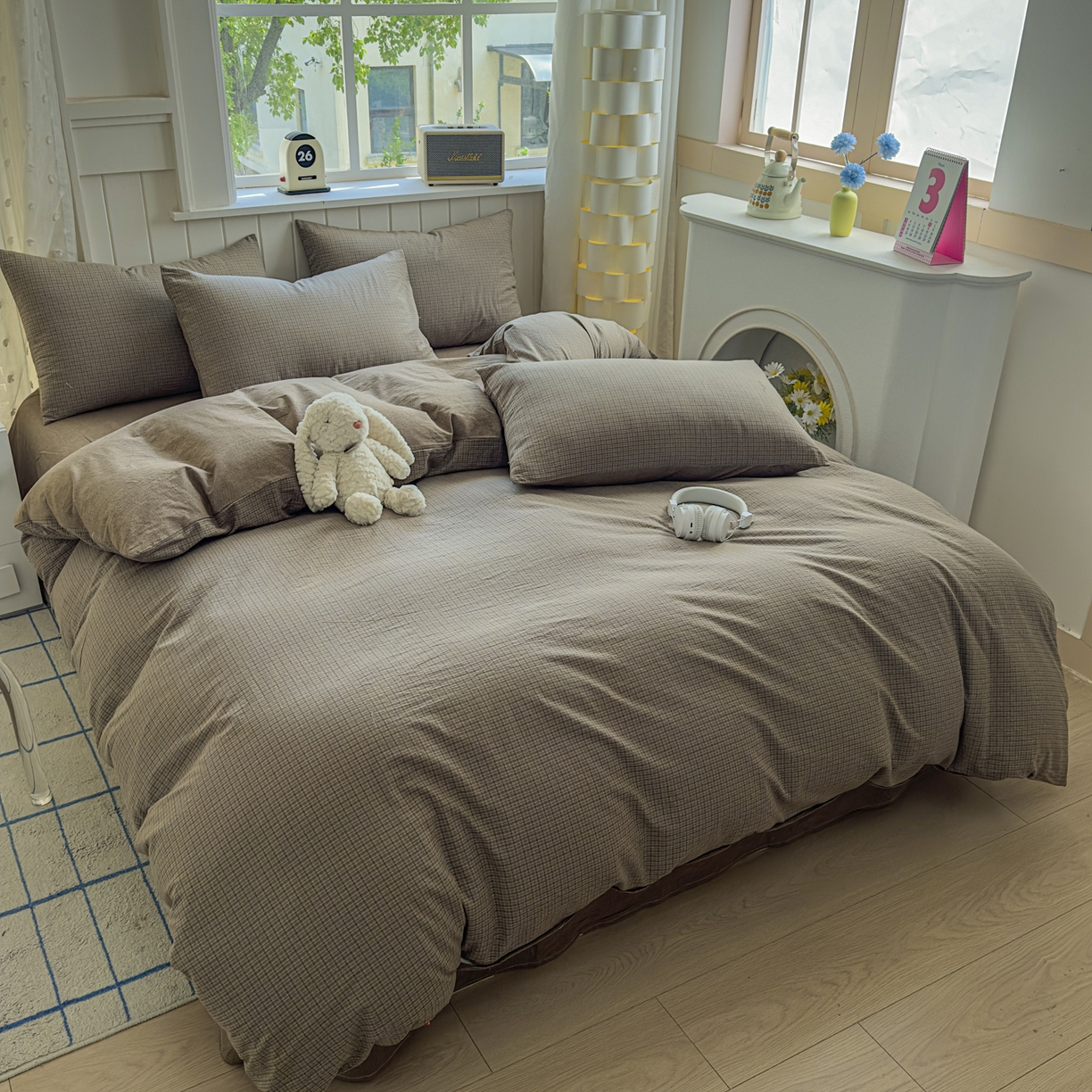 91家纺网 家纺一手货源 找家纺 晚依家纺 2025新款A类全棉色织水洗棉四件套纯棉格子纯色被套学生宿舍三件套定制定做 沐风-兰咖