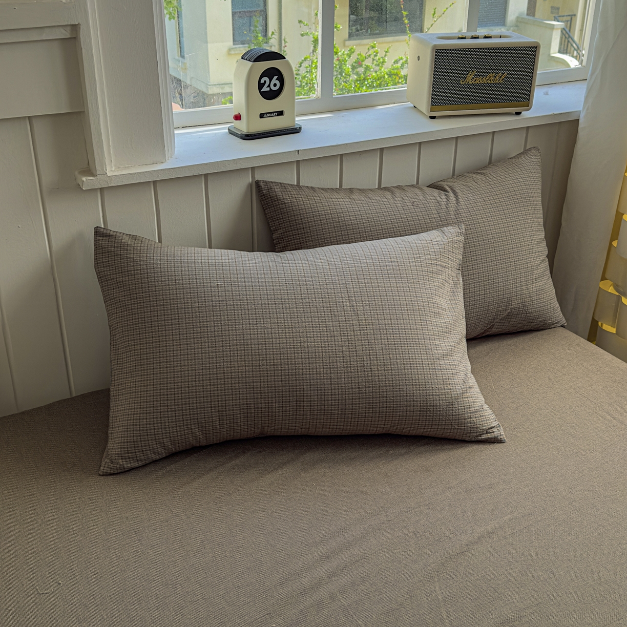 91家纺网 家纺一手货源 找家纺 晚依家纺 2025新款A类全棉色织水洗棉四件套纯棉格子纯色被套学生宿舍三件套定制定做 沐风-兰咖