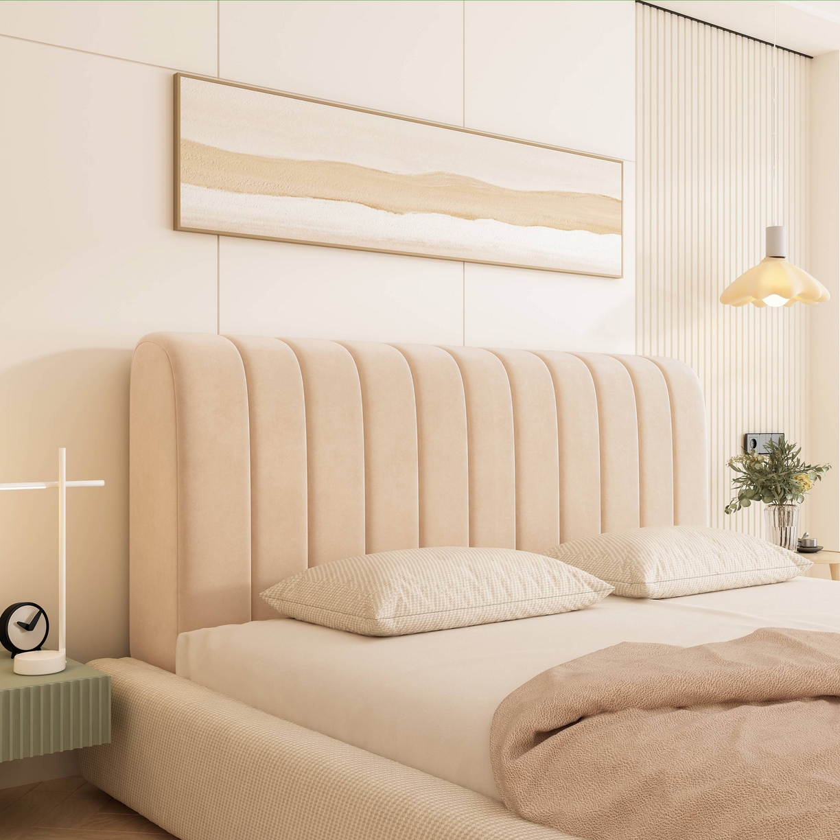 91家纺网 家纺一手货源 找家纺 沐沐家纺 2026新款几何竖条奶油风床头罩 竖条-卡其