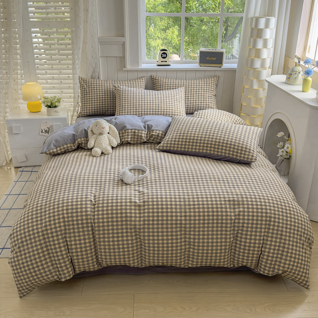 91家纺网 家纺一手货源 找家纺 晚依家纺 2025新款A类全棉色织水洗棉四件套纯棉格子纯色被套学生宿舍三件套定制定做 春野-咖灰