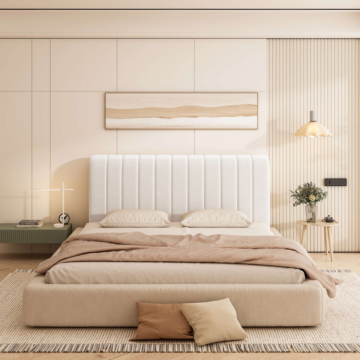 91家纺网 家纺一手货源 找家纺 沐沐家纺 2026新款几何竖条奶油风床头罩 竖条-白