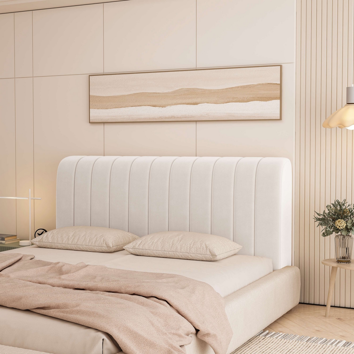 91家纺网 家纺一手货源 找家纺 沐沐家纺 2026新款几何竖条奶油风床头罩 竖条-白