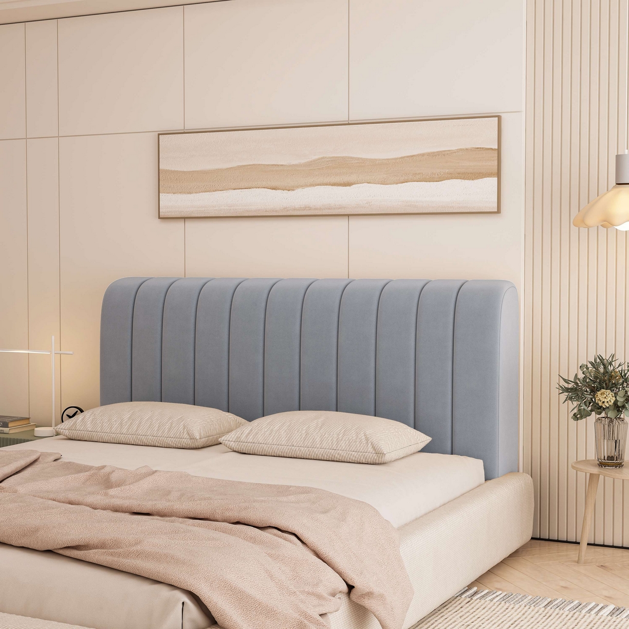 91家纺网 家纺一手货源 找家纺 沐沐家纺 2026新款几何竖条奶油风床头罩 竖条-浅灰