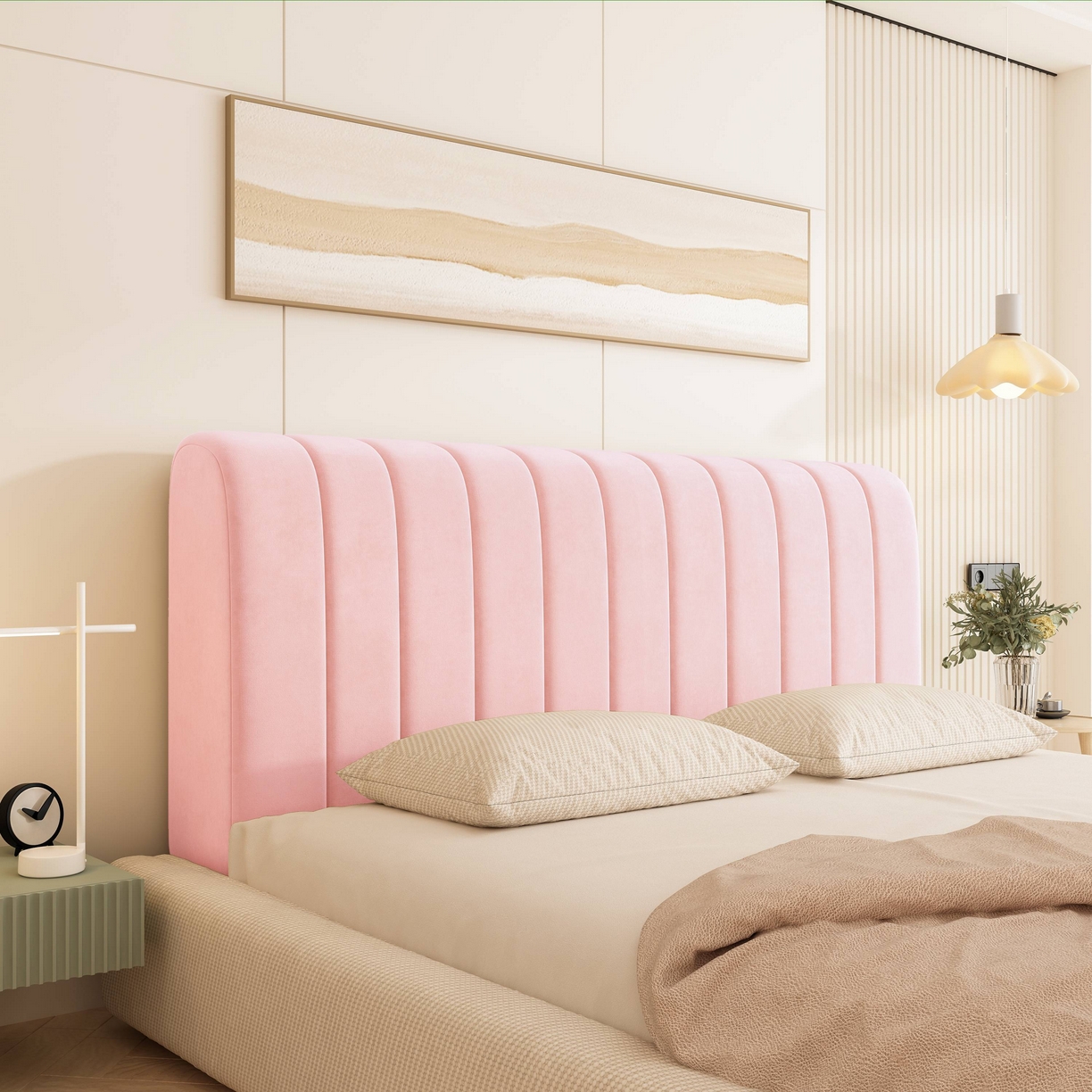 沐沐家纺 2026新款几何竖条奶油风床头罩 竖条-粉