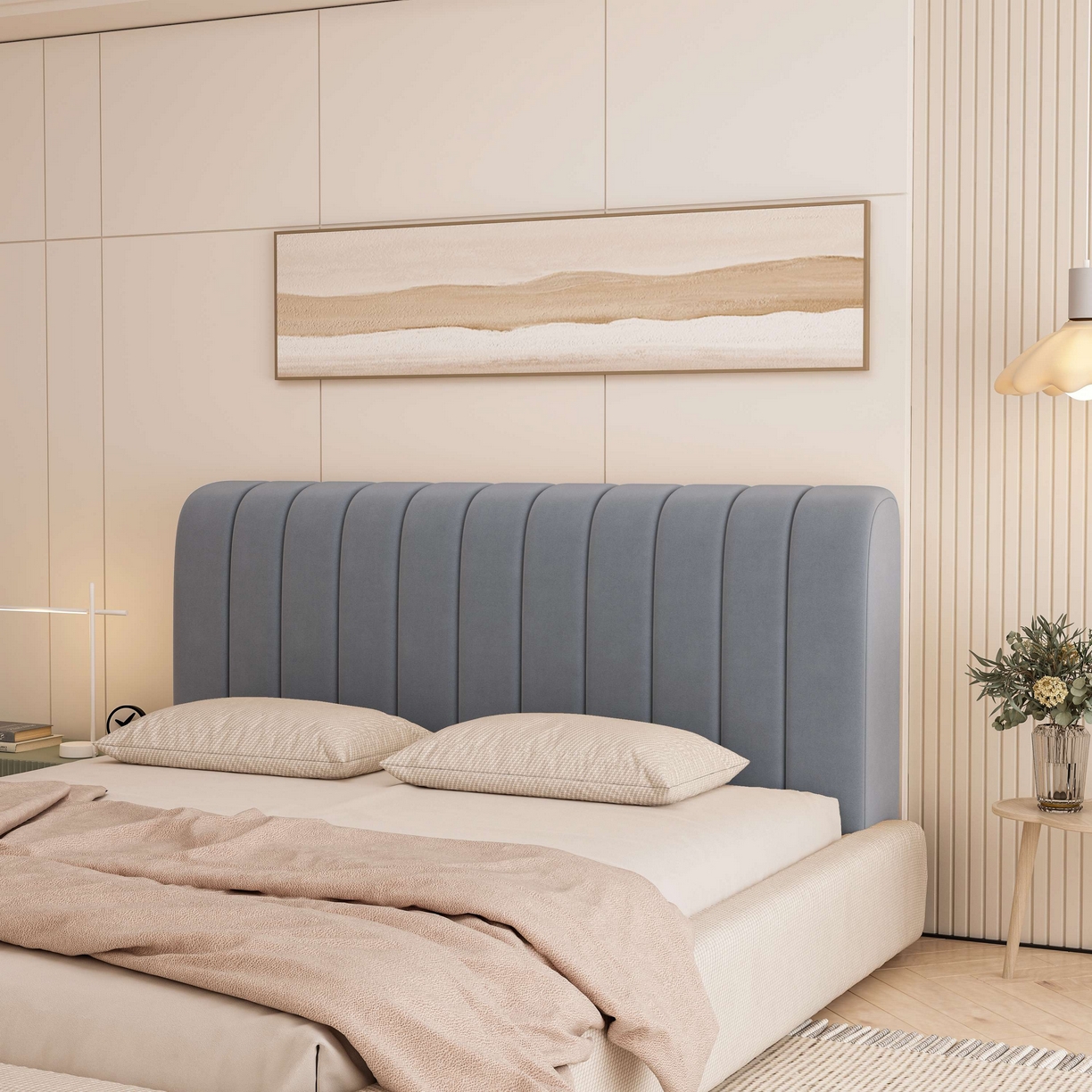 91家纺网 家纺一手货源 找家纺 沐沐家纺 2026新款几何竖条奶油风床头罩 竖条-深灰