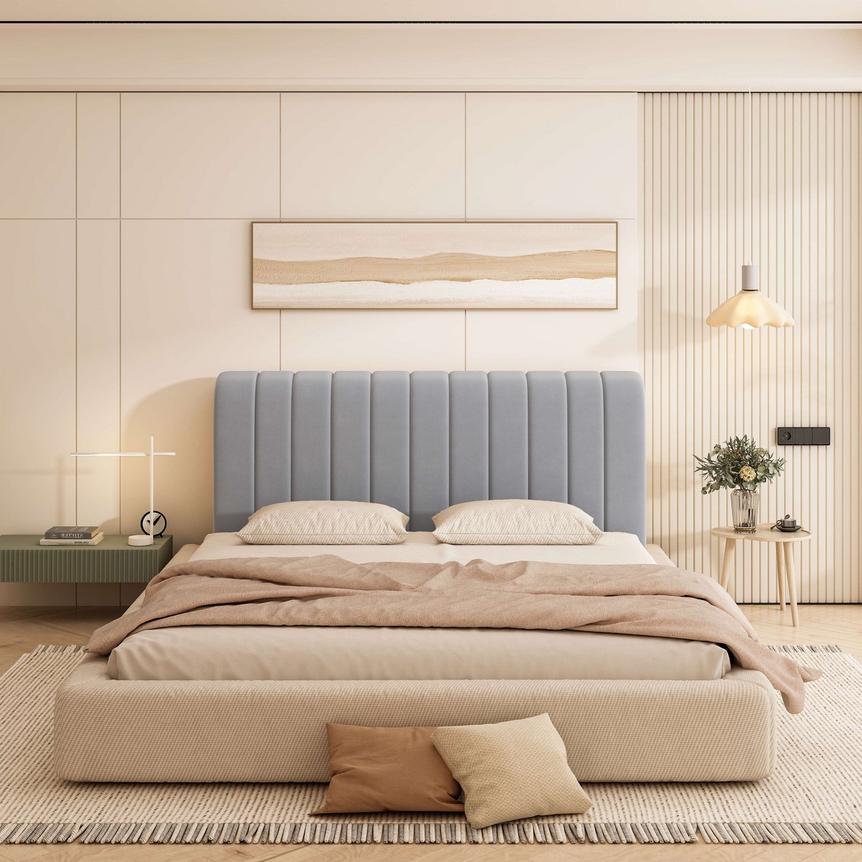 91家纺网 家纺一手货源 找家纺 沐沐家纺 2026新款几何竖条奶油风床头罩 竖条-浅灰