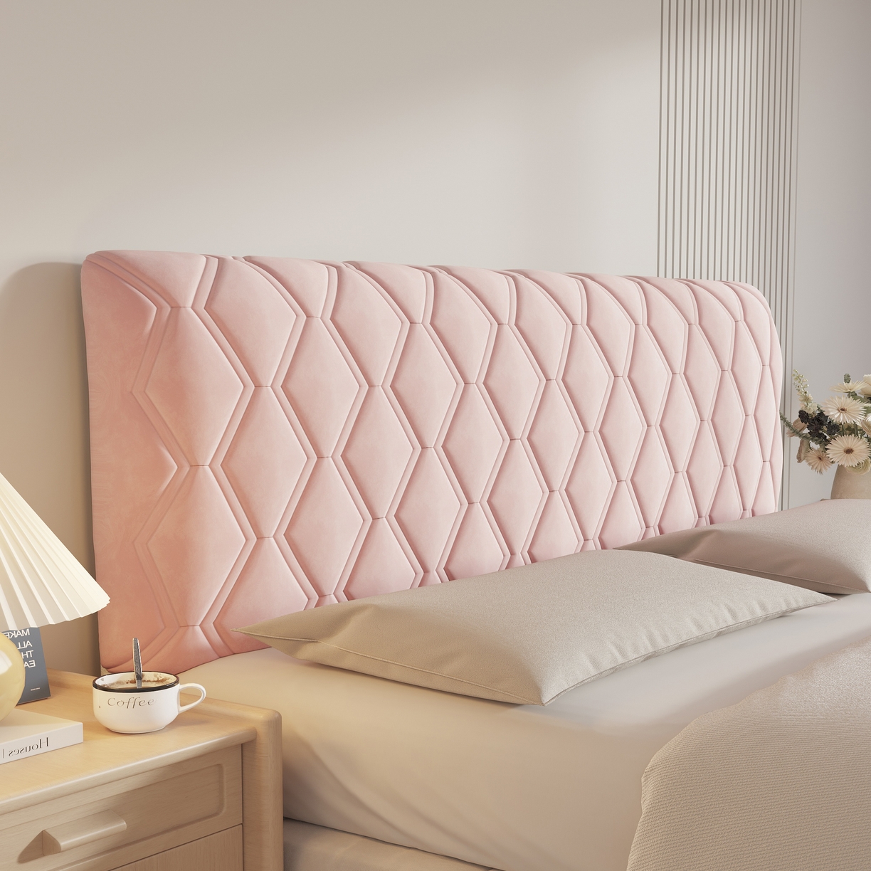 91家纺网 家纺一手货源 找家纺 沐沐家纺 2026新款几何竖条奶油风床头罩 几何-粉色