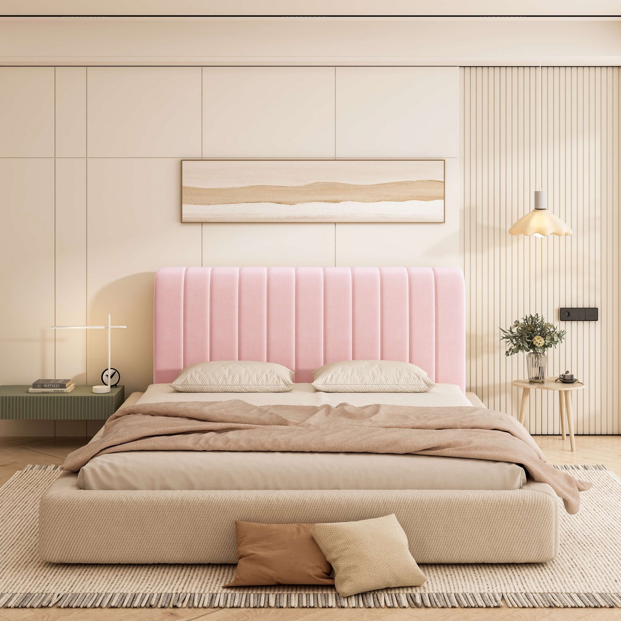 91家纺网 家纺一手货源 找家纺 沐沐家纺 2026新款几何竖条奶油风床头罩 竖条-粉