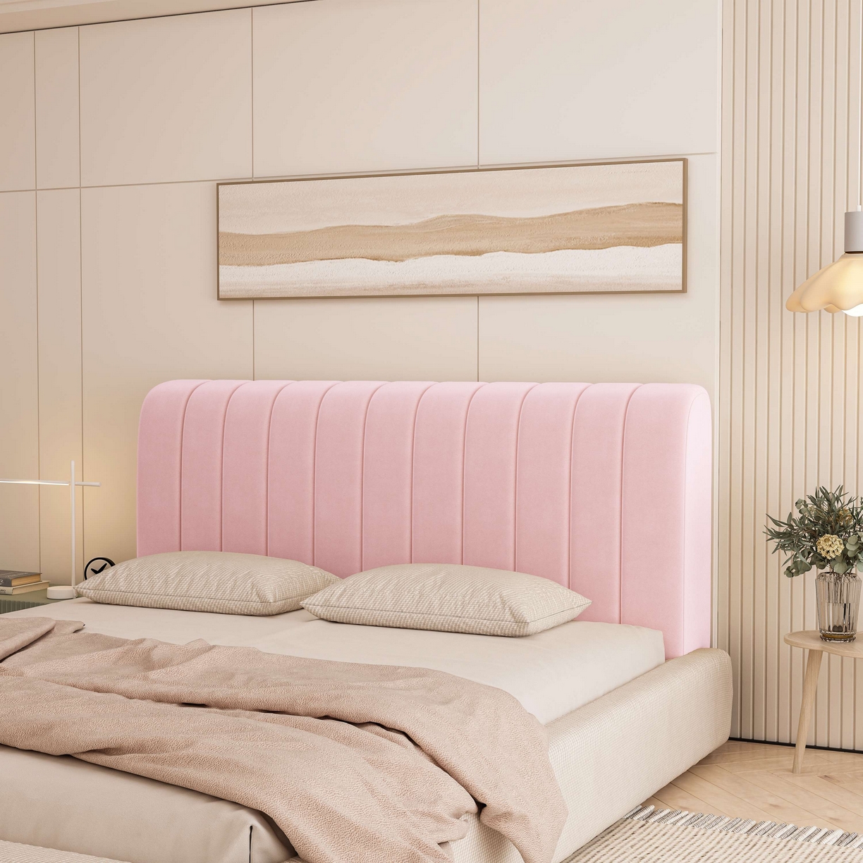 91家纺网 家纺一手货源 找家纺 沐沐家纺 2026新款几何竖条奶油风床头罩 竖条-粉