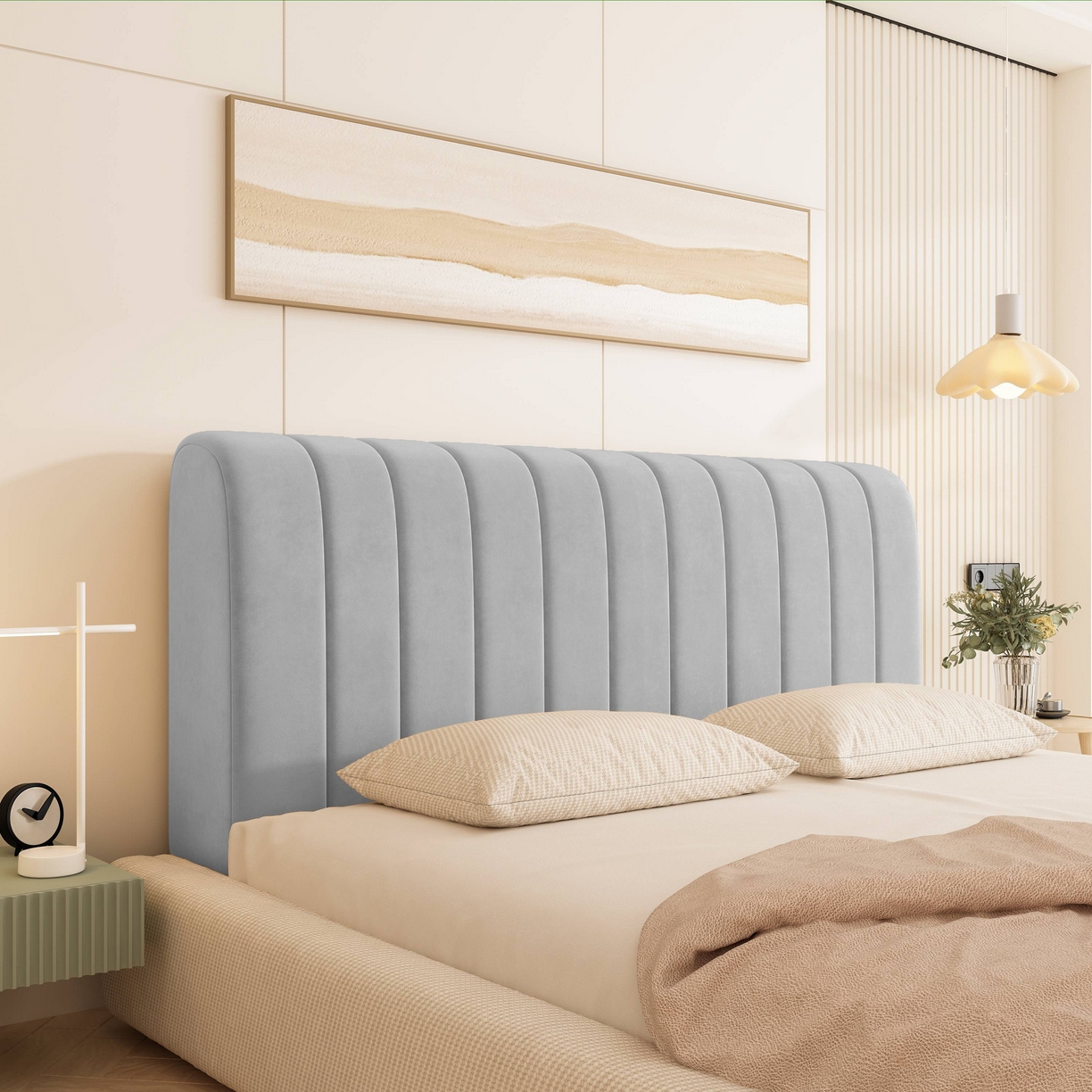 沐沐家纺 2026新款几何竖条奶油风床头罩 竖条-浅灰