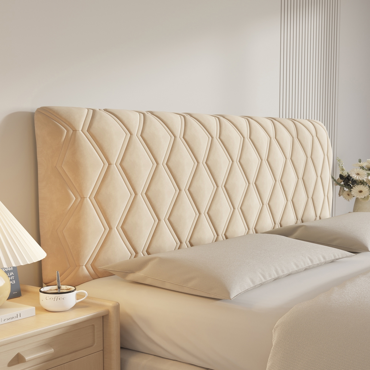 91家纺网 家纺一手货源 找家纺 沐沐家纺 2026新款几何竖条奶油风床头罩 几何-卡其