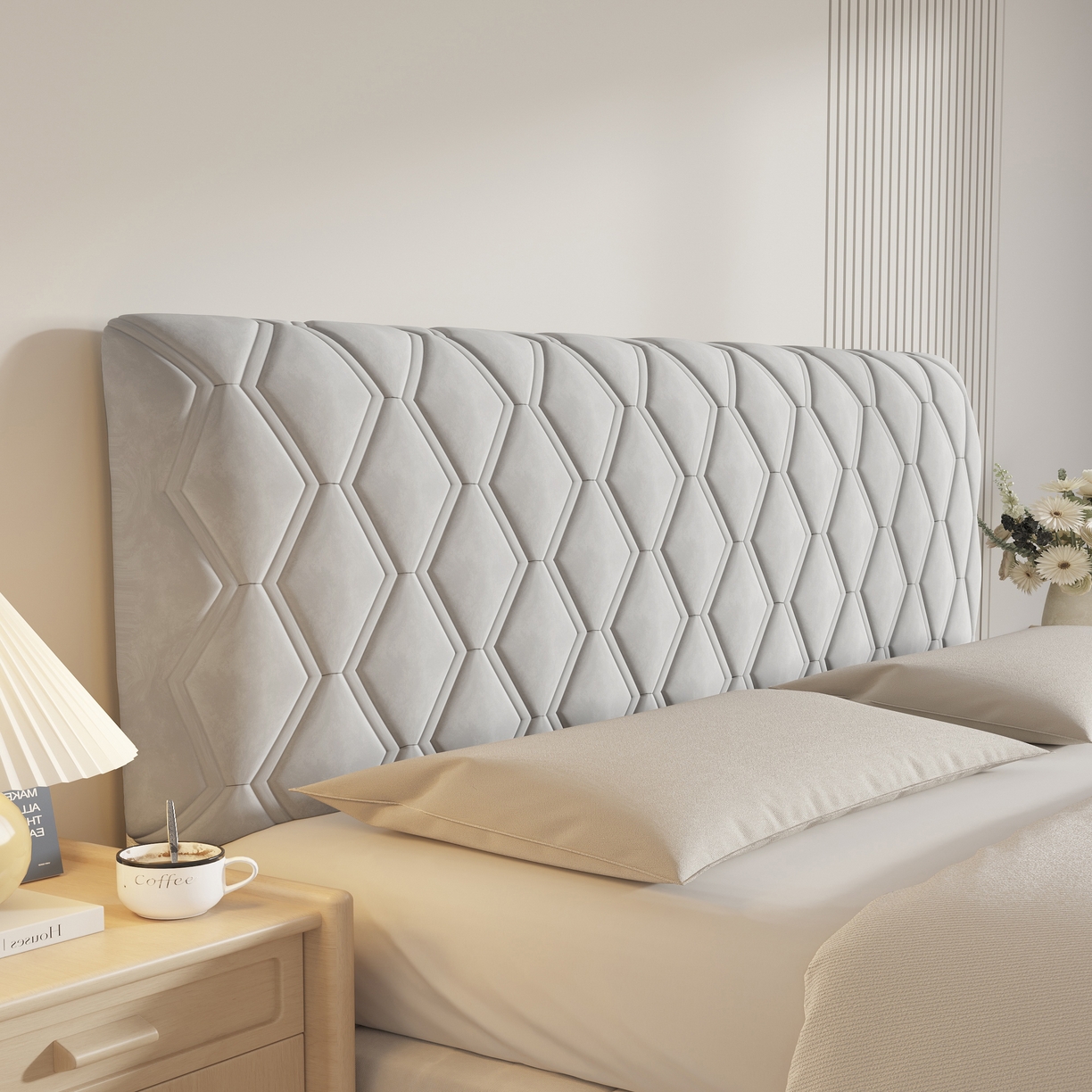 91家纺网 家纺一手货源 找家纺 沐沐家纺 2026新款几何竖条奶油风床头罩 几何-浅灰