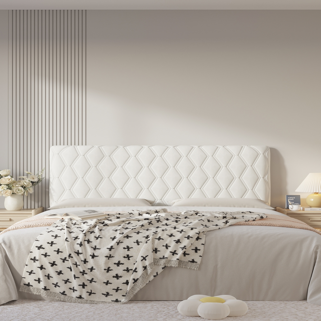 91家纺网 家纺一手货源 找家纺 沐沐家纺 2026新款几何竖条奶油风床头罩 几何-米白