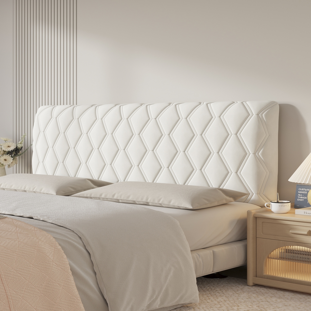 91家纺网 家纺一手货源 找家纺 沐沐家纺 2026新款几何竖条奶油风床头罩 几何-米白