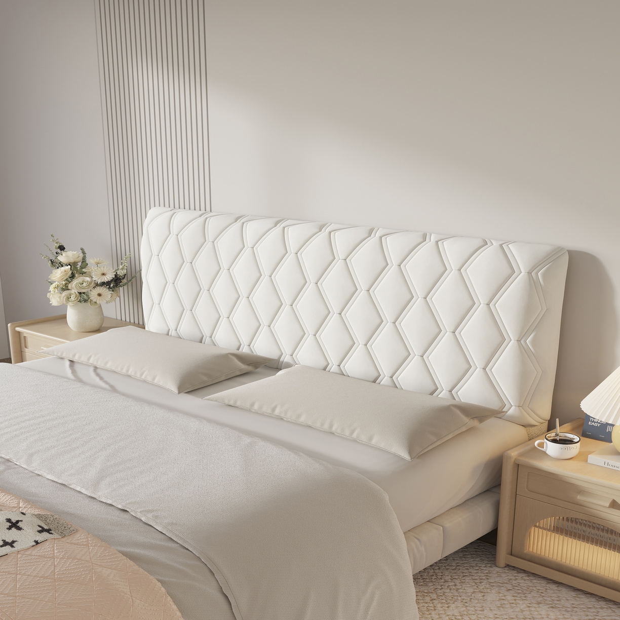 91家纺网 家纺一手货源 找家纺 沐沐家纺 2026新款几何竖条奶油风床头罩 几何-米白