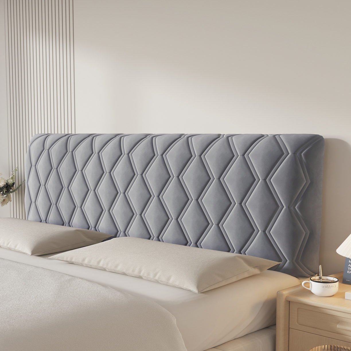 91家纺网 家纺一手货源 找家纺 沐沐家纺 2026新款几何竖条奶油风床头罩 几何-深灰