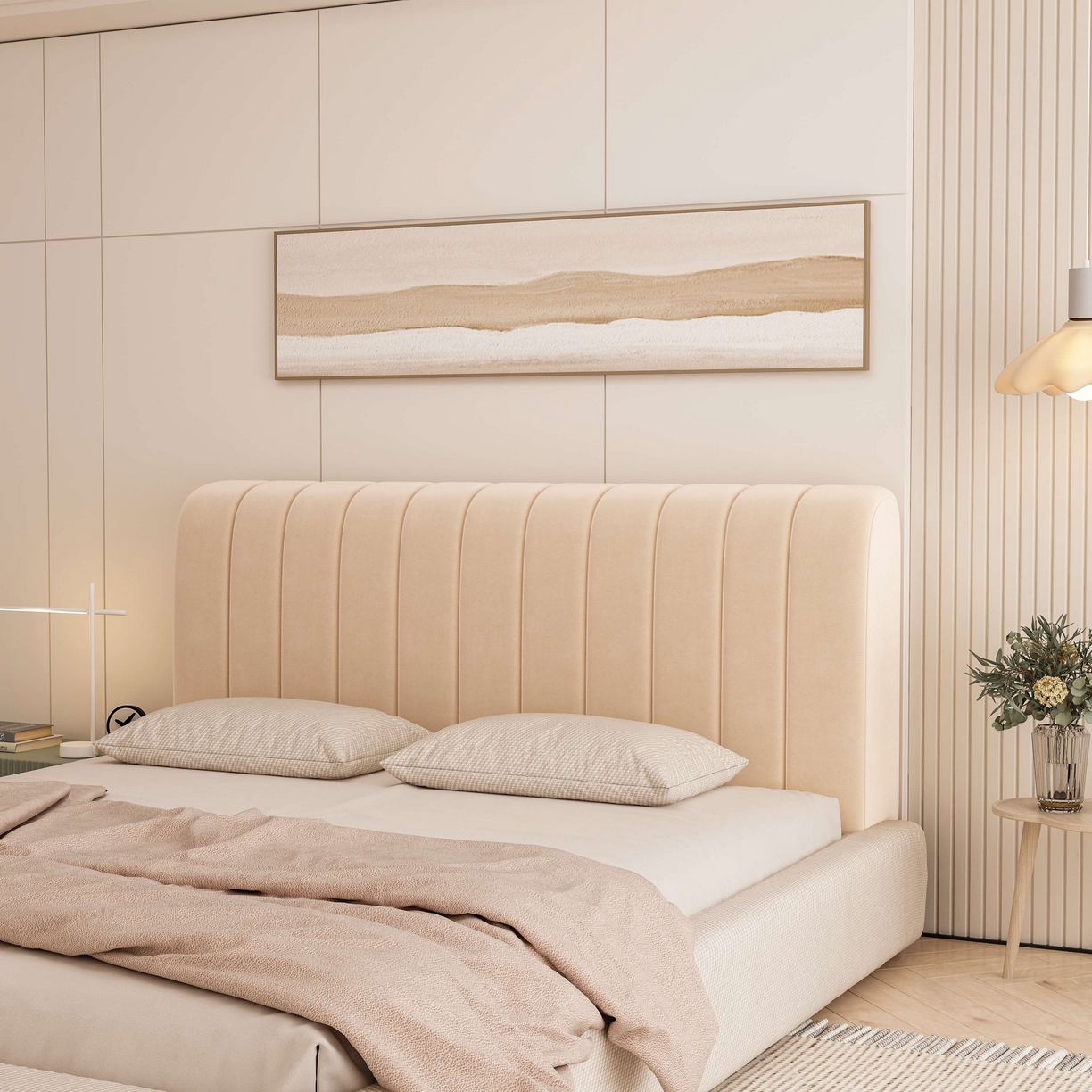 91家纺网 家纺一手货源 找家纺 沐沐家纺 2026新款几何竖条奶油风床头罩 竖条-卡其