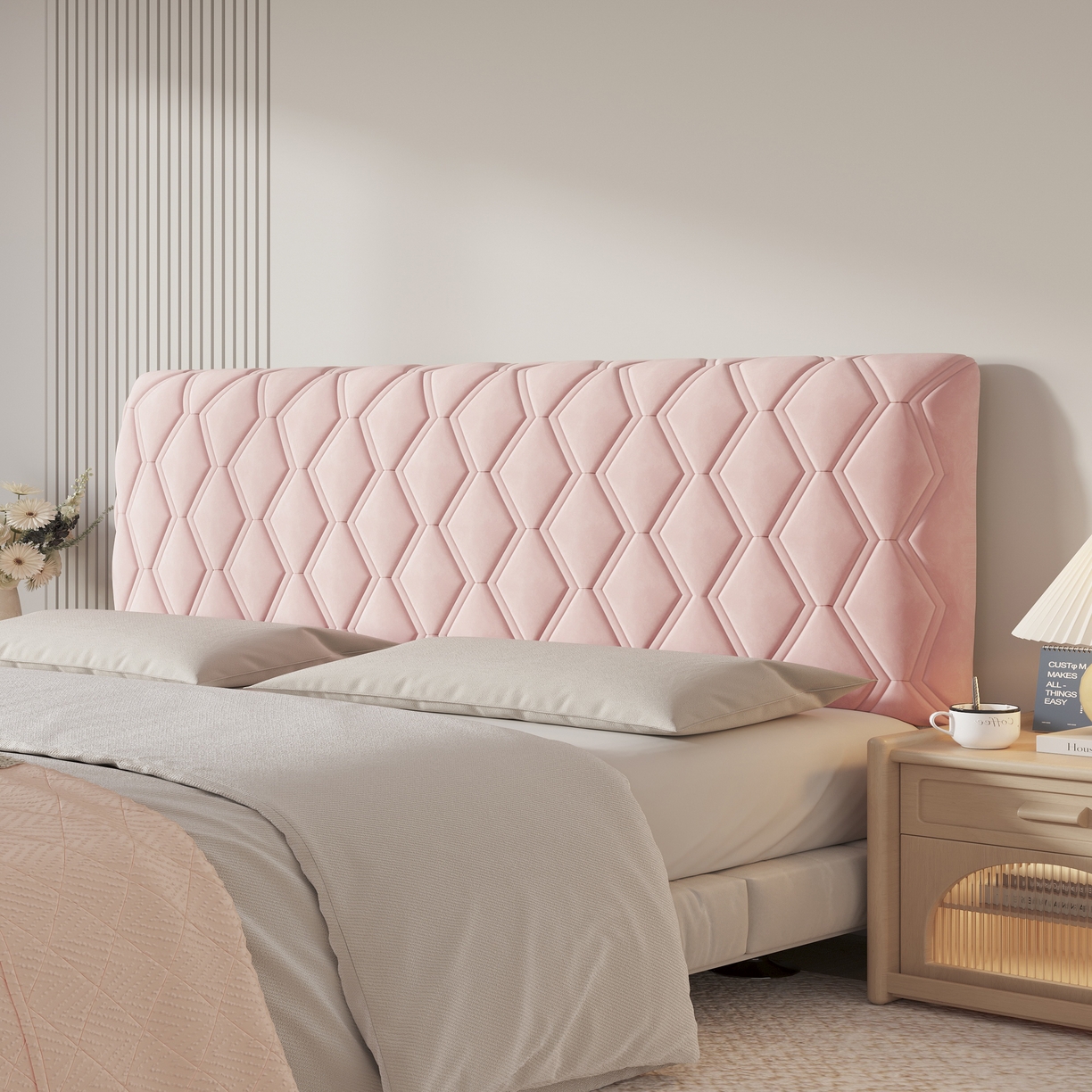 91家纺网 家纺一手货源 找家纺 沐沐家纺 2026新款几何竖条奶油风床头罩 几何-粉色