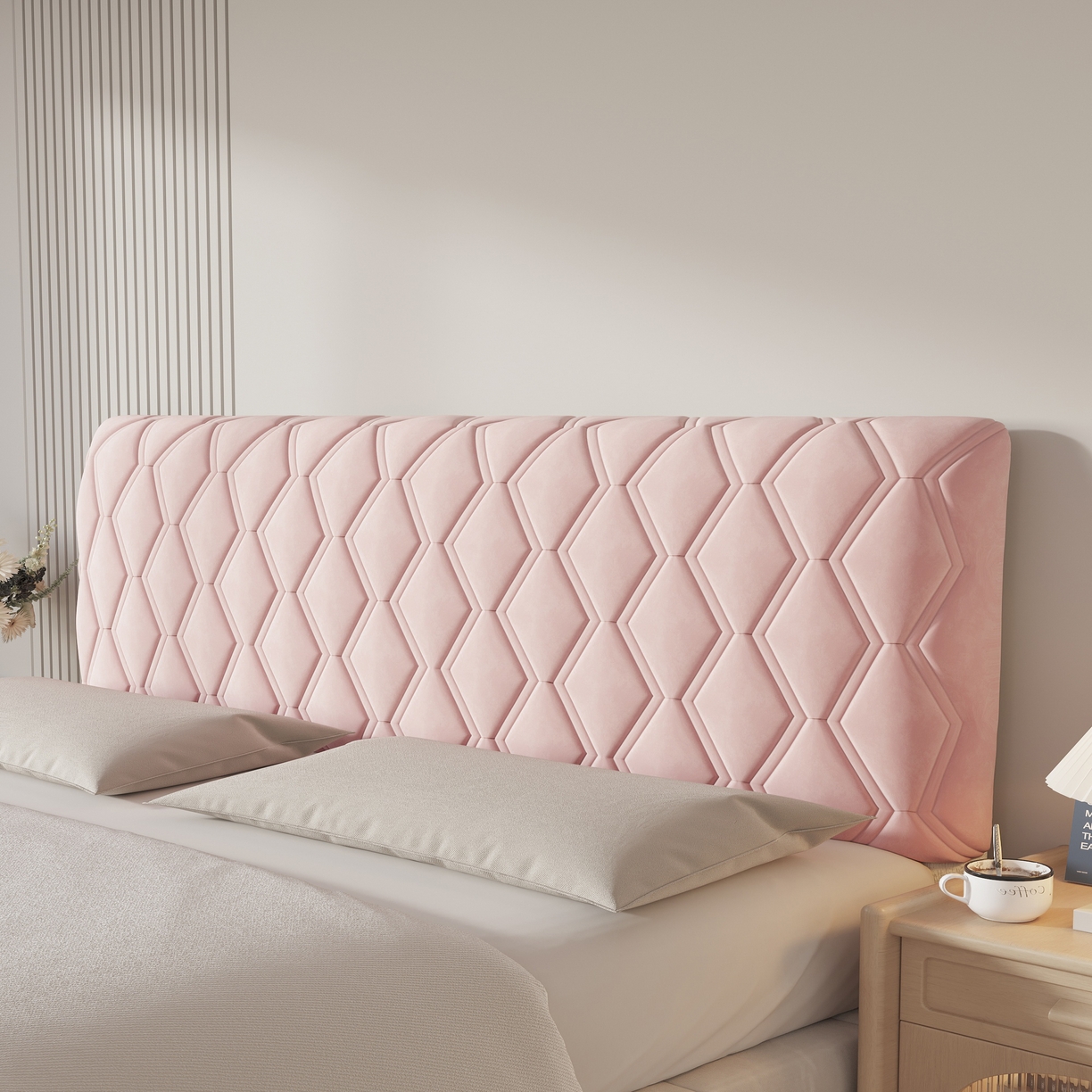 91家纺网 家纺一手货源 找家纺 沐沐家纺 2026新款几何竖条奶油风床头罩 几何-粉色