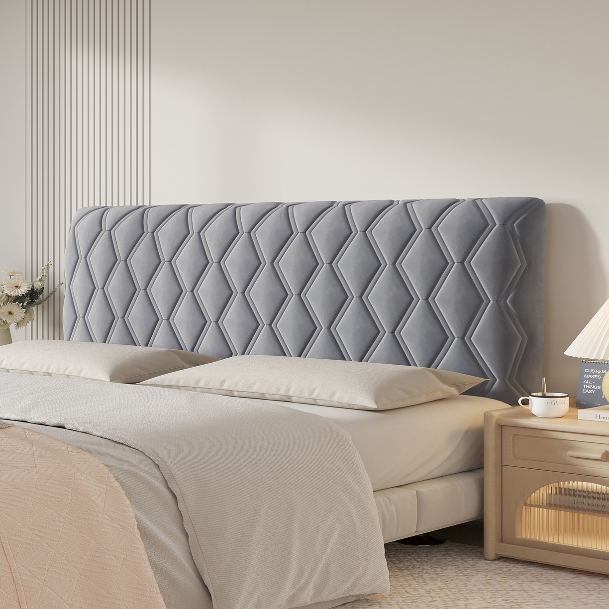 91家纺网 家纺一手货源 找家纺 沐沐家纺 2026新款几何竖条奶油风床头罩 几何-深灰