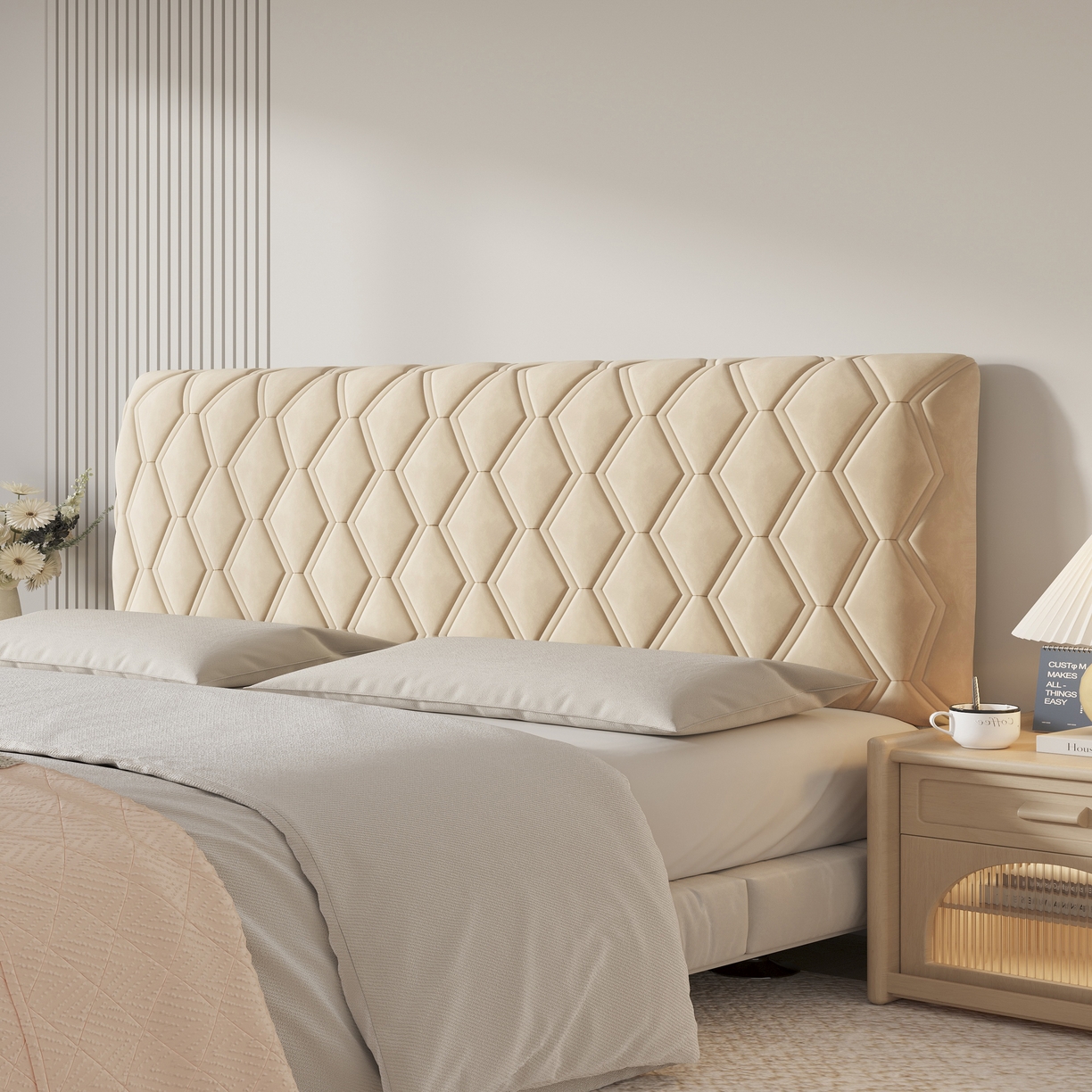 91家纺网 家纺一手货源 找家纺 沐沐家纺 2026新款几何竖条奶油风床头罩 几何-卡其