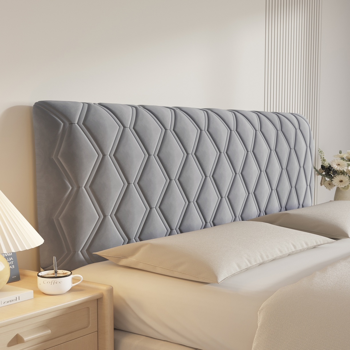 沐沐家纺 2026新款几何竖条奶油风床头罩 几何-深灰