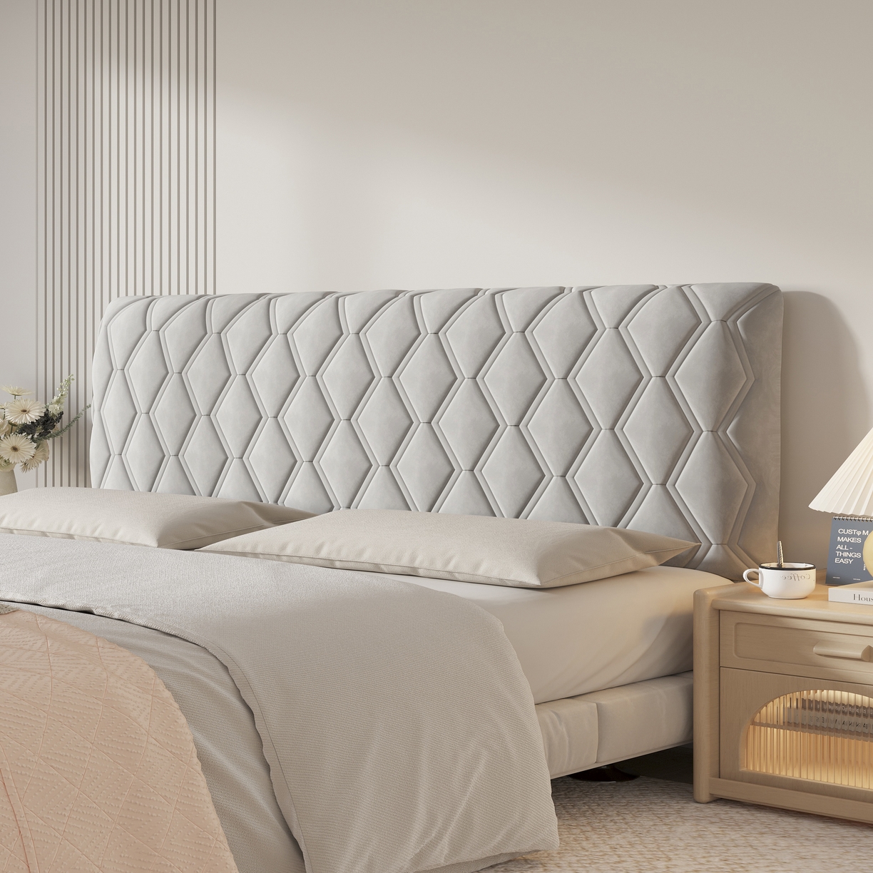 91家纺网 家纺一手货源 找家纺 沐沐家纺 2026新款几何竖条奶油风床头罩 几何-浅灰