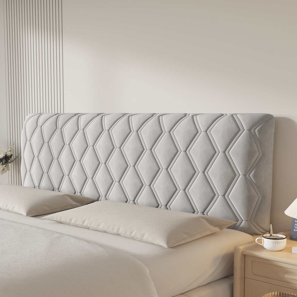 91家纺网 家纺一手货源 找家纺 沐沐家纺 2026新款几何竖条奶油风床头罩 几何-浅灰