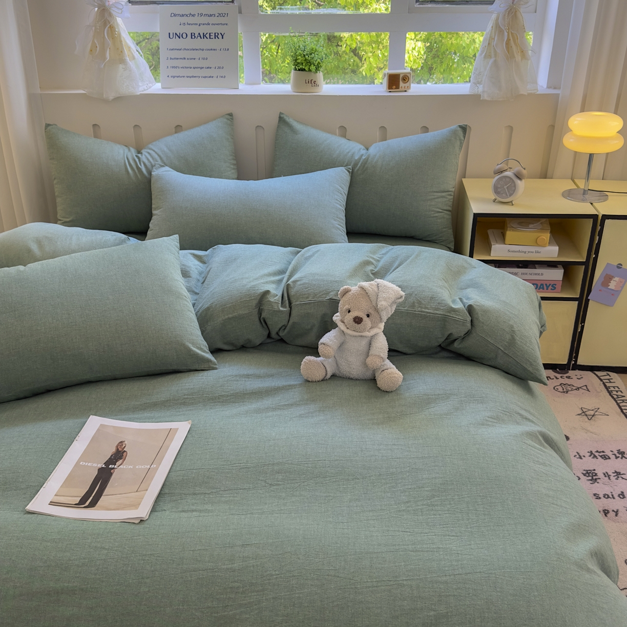 91家纺网 家纺一手货源 找家纺 晚依家纺 2025新款A类全棉色织水洗棉四件套纯棉格子纯色被套学生宿舍三件套定制定做 纯色-草绿