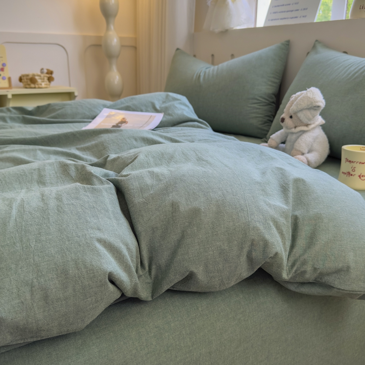 91家纺网 家纺一手货源 找家纺 晚依家纺 2025新款A类全棉色织水洗棉四件套纯棉格子纯色被套学生宿舍三件套定制定做 纯色-草绿