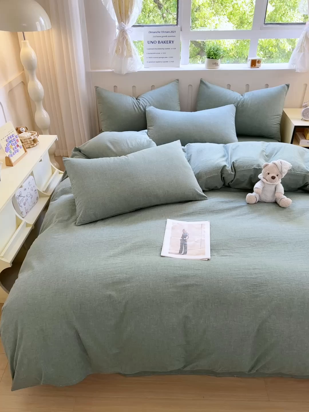 91家纺网 家纺一手货源 找家纺 晚依家纺 2025新款A类全棉色织水洗棉四件套纯棉格子纯色被套学生宿舍三件套定制定做 纯色-草绿