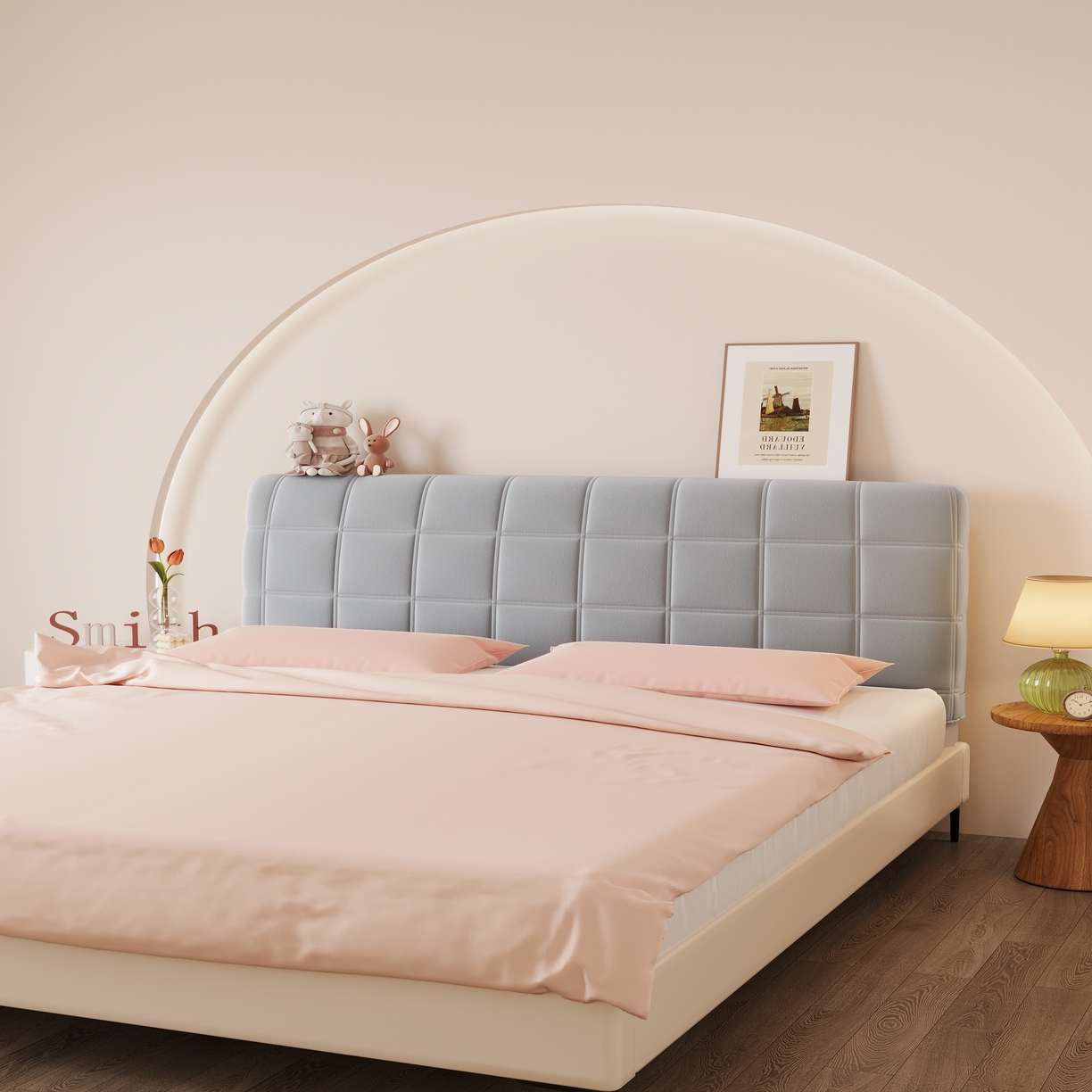 91家纺网 家纺一手货源 找家纺 沐沐家纺 2026新款磨毛大格子床头罩 大格子-浅灰