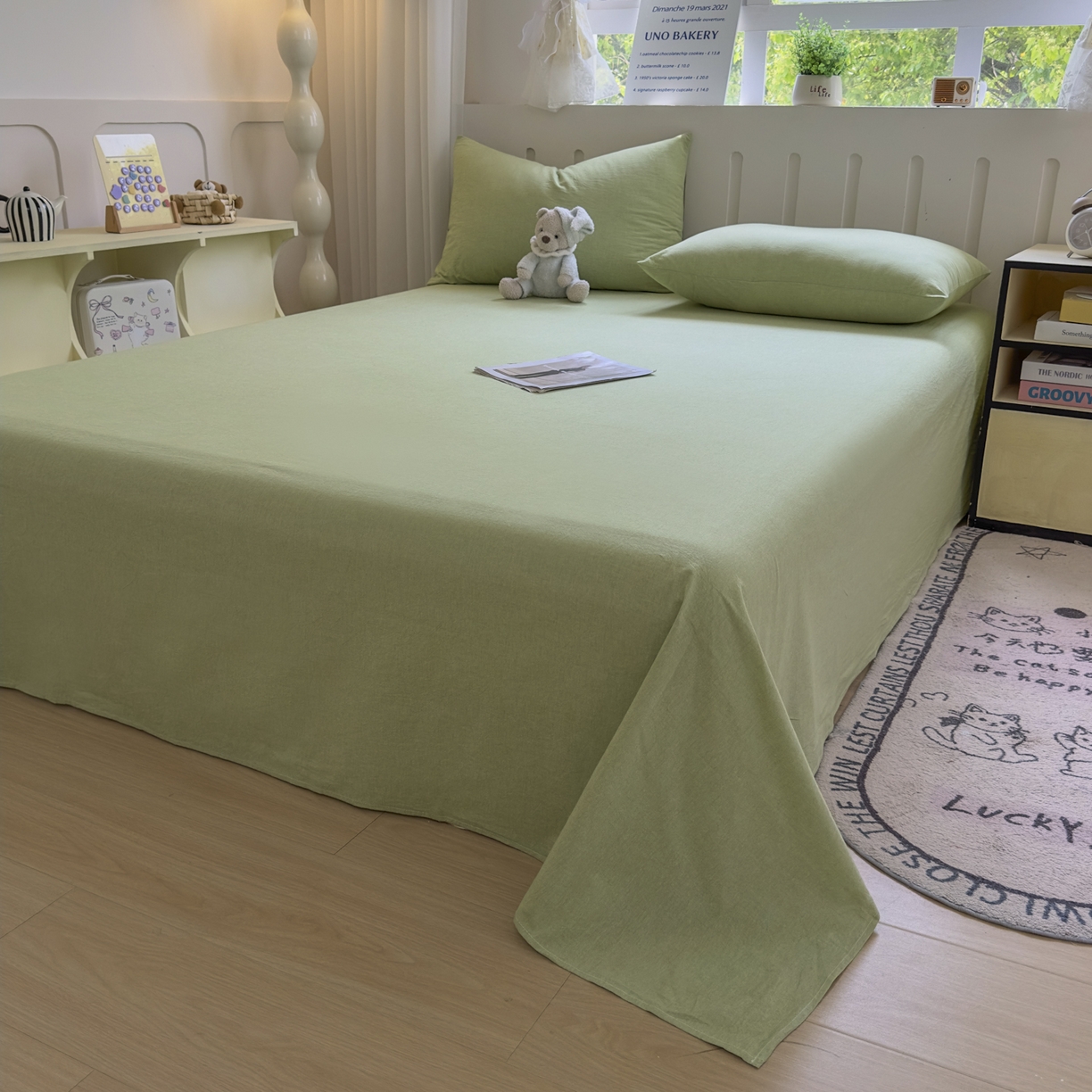 91家纺网 家纺一手货源 找家纺 晚依家纺 2025新款A类全棉色织水洗棉四件套纯棉格子纯色被套学生宿舍三件套定制定做 纯色-果绿