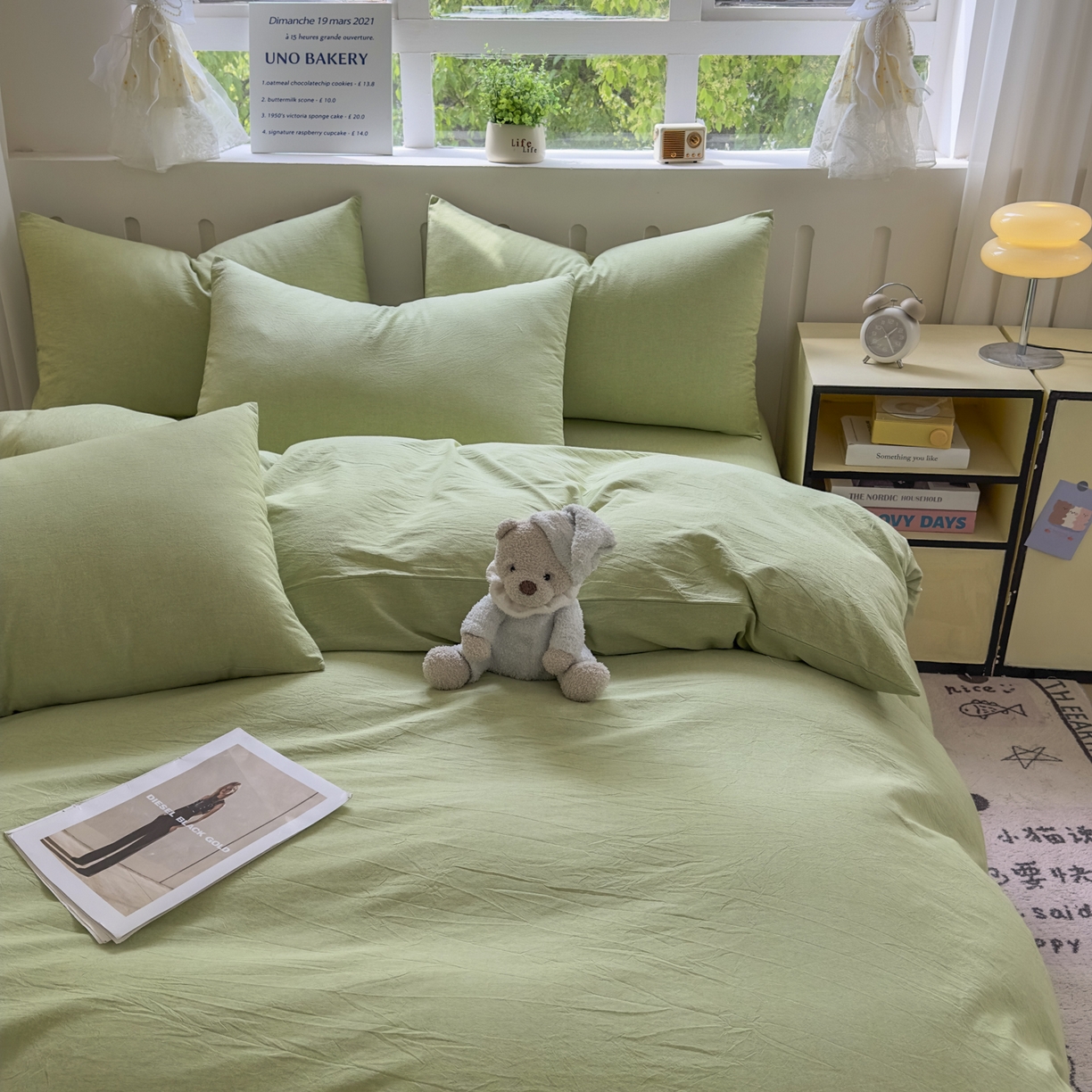 91家纺网 家纺一手货源 找家纺 晚依家纺 2025新款A类全棉色织水洗棉四件套纯棉格子纯色被套学生宿舍三件套定制定做 纯色-果绿