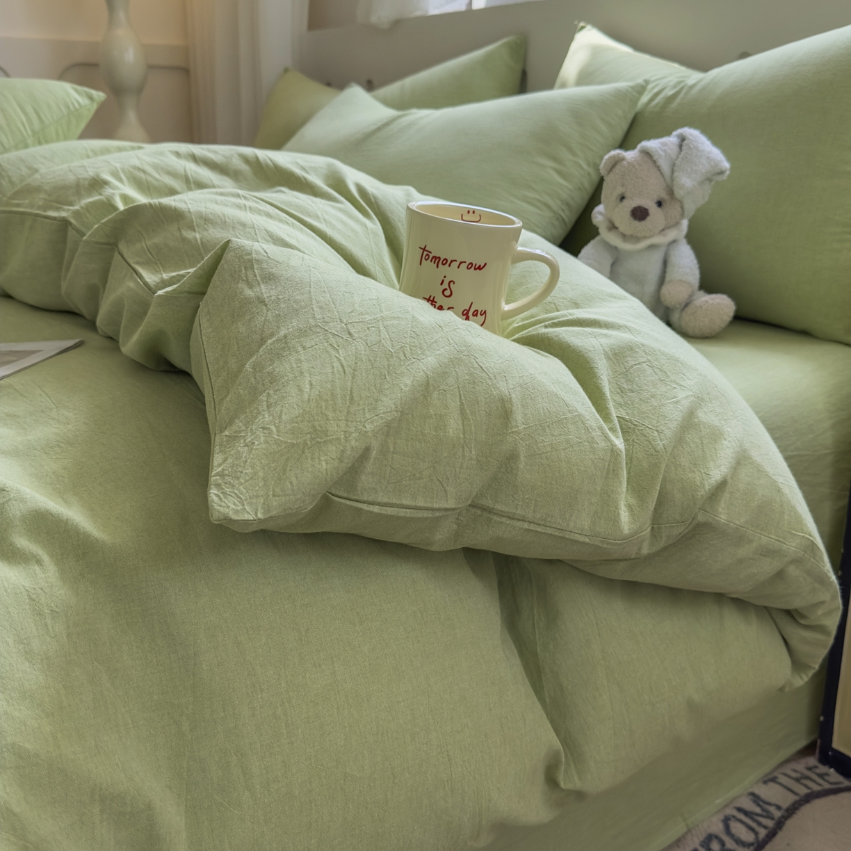 91家纺网 家纺一手货源 找家纺 晚依家纺 2025新款A类全棉色织水洗棉四件套纯棉格子纯色被套学生宿舍三件套定制定做 纯色-果绿