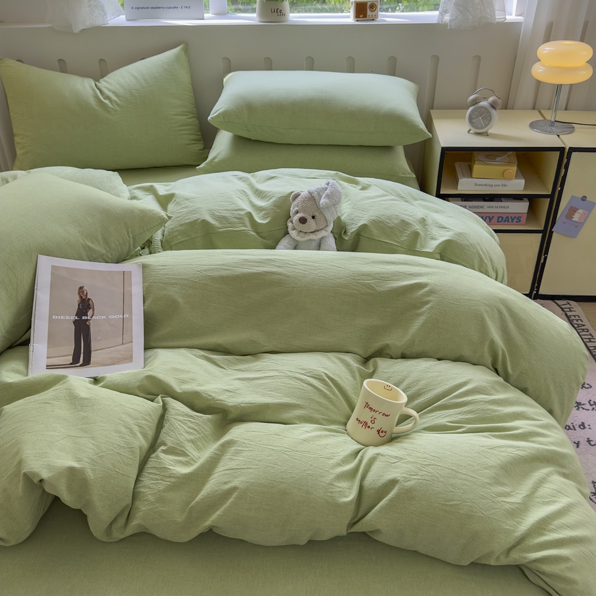 91家纺网 家纺一手货源 找家纺 晚依家纺 2025新款A类全棉色织水洗棉四件套纯棉格子纯色被套学生宿舍三件套定制定做 纯色-果绿