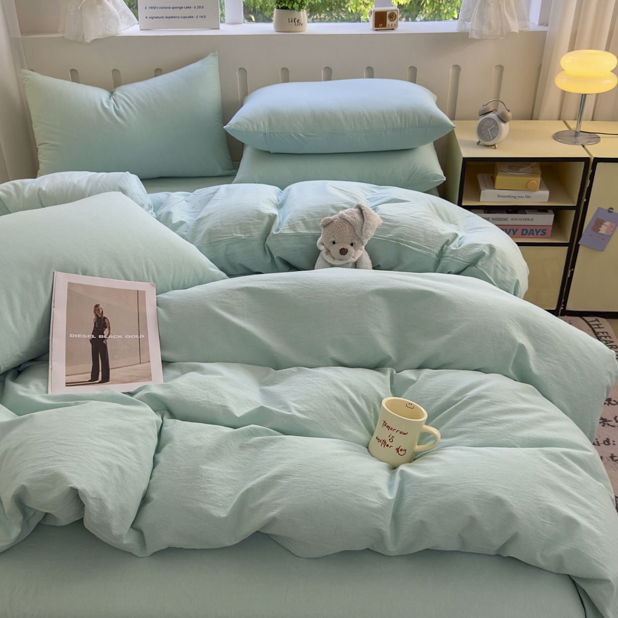 91家纺网 家纺一手货源 找家纺 晚依家纺 2025新款A类全棉色织水洗棉四件套纯棉格子纯色被套学生宿舍三件套定制定做 纯色-湖蓝