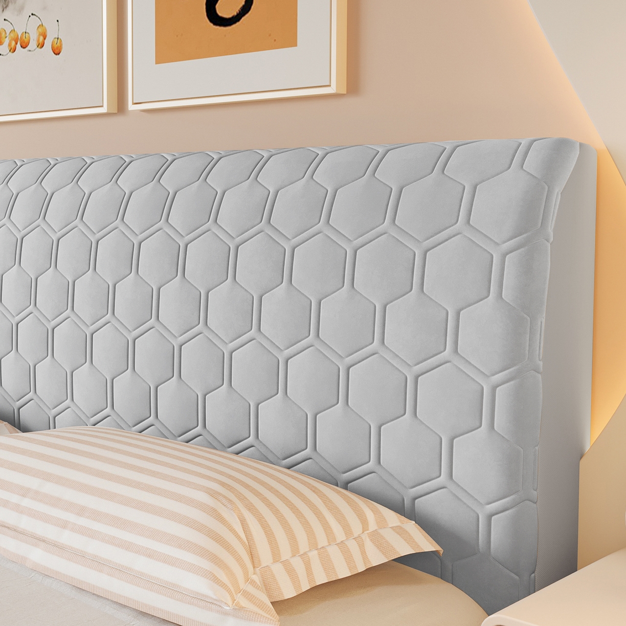 91家纺网 家纺一手货源 找家纺 沐沐家纺 2026新款乳胶六边形床头罩 浅灰